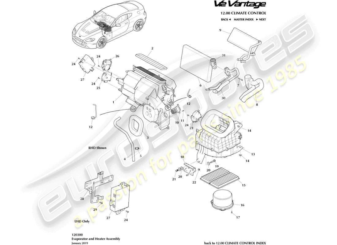 aston martin v12 vantage (2012) evaporator & heater part diagram