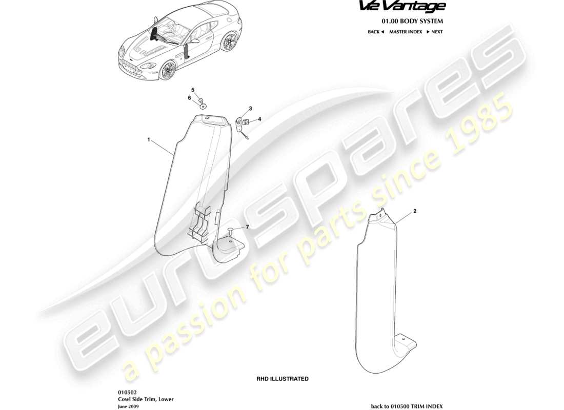 aston martin v12 vantage (2010) cowl side trim, lower part diagram