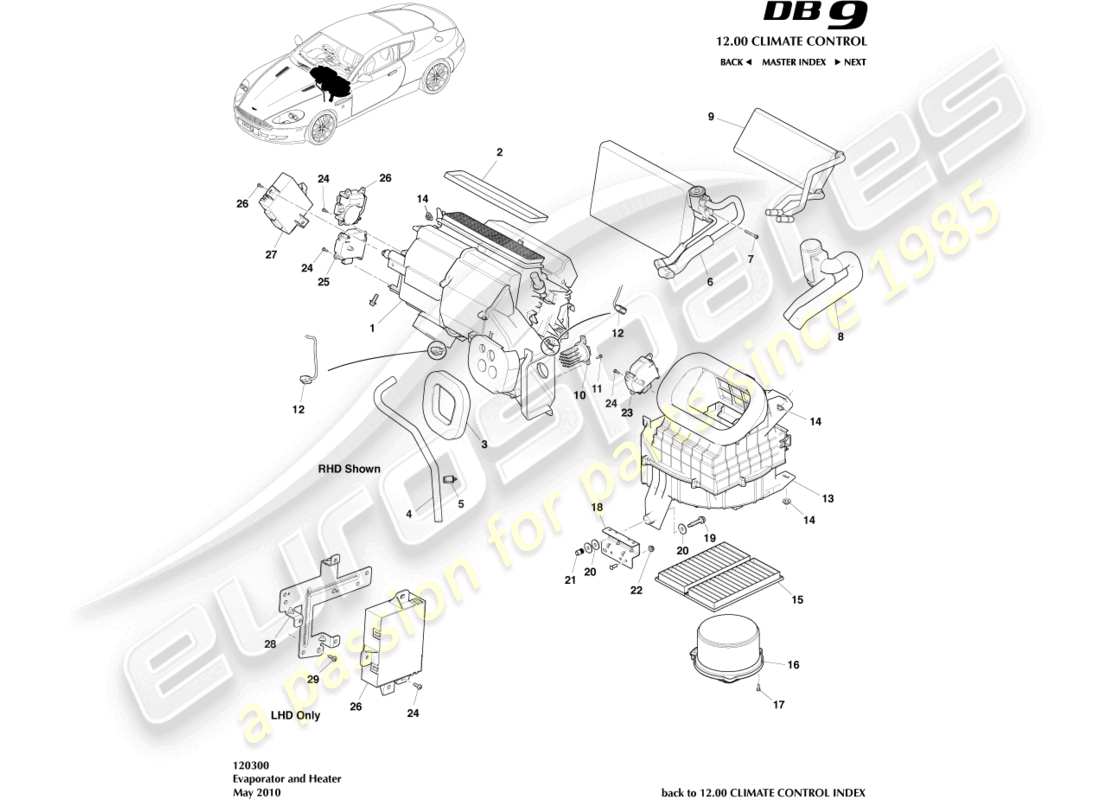 aston martin db9 (2008) evaporator & heater part diagram