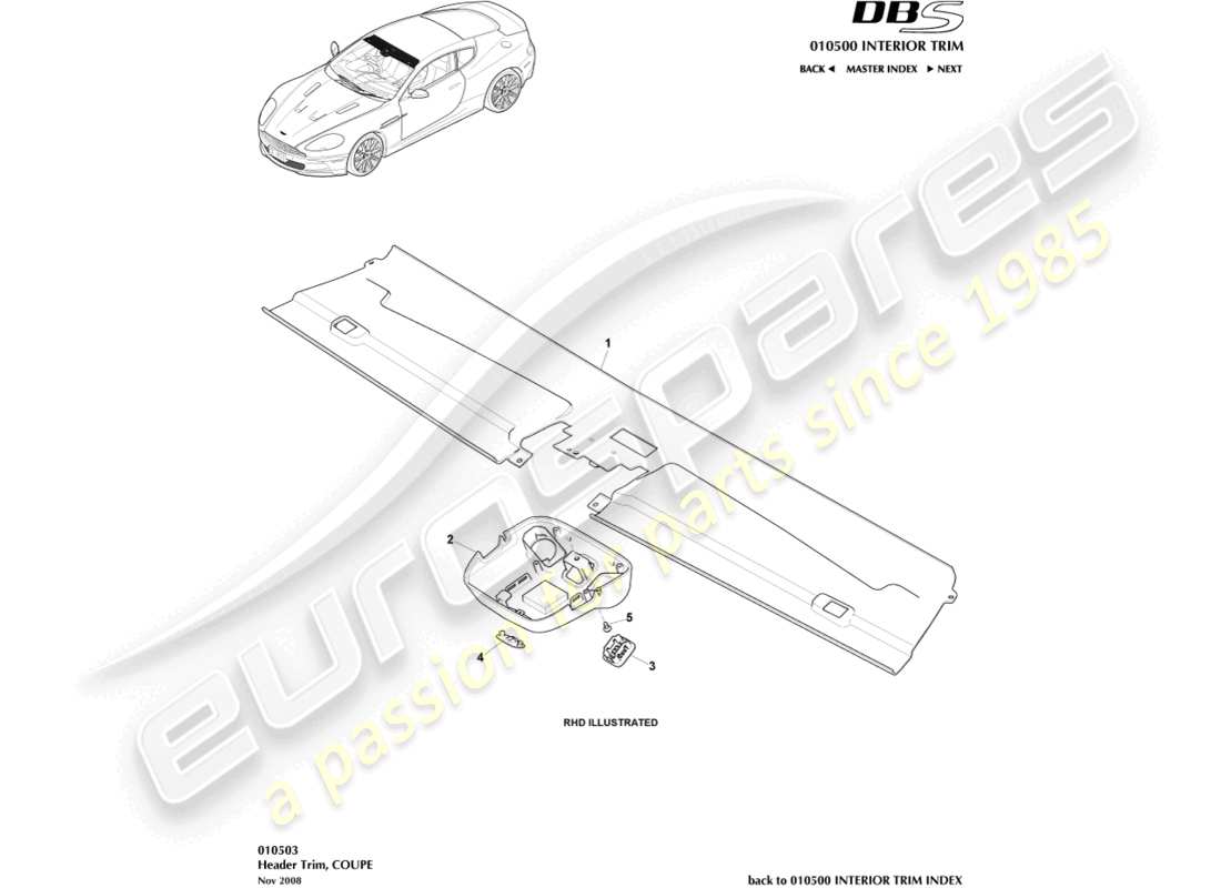 aston martin dbs (2009) header trim, coupe part diagram