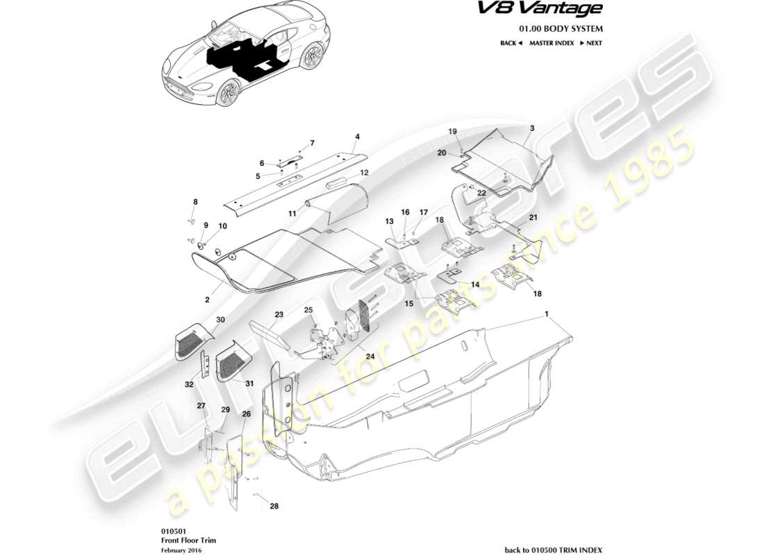 a part diagram from the Aston Martin V8 Vantage (2016) parts catalogue