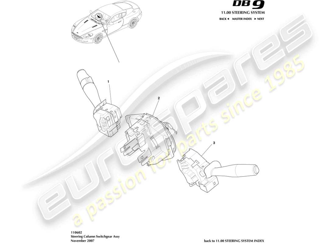 aston martin db9 (2008) steering column switch part diagram