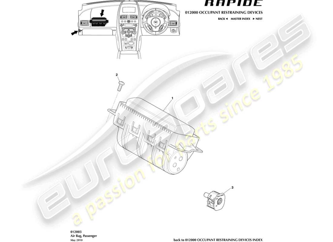 aston martin rapide (2010) airbag, passenger part diagram