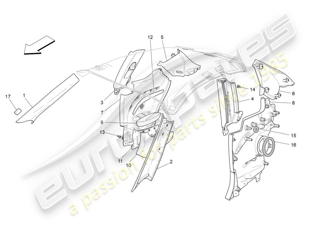 maserati granturismo (2016) passenger compartment b pillar trim panels and side panels part diagram