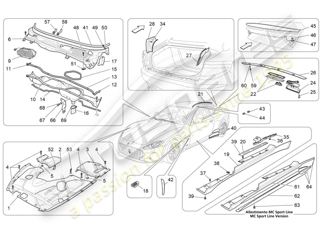 maserati granturismo s (2019) shields, trims and covering panels part diagram