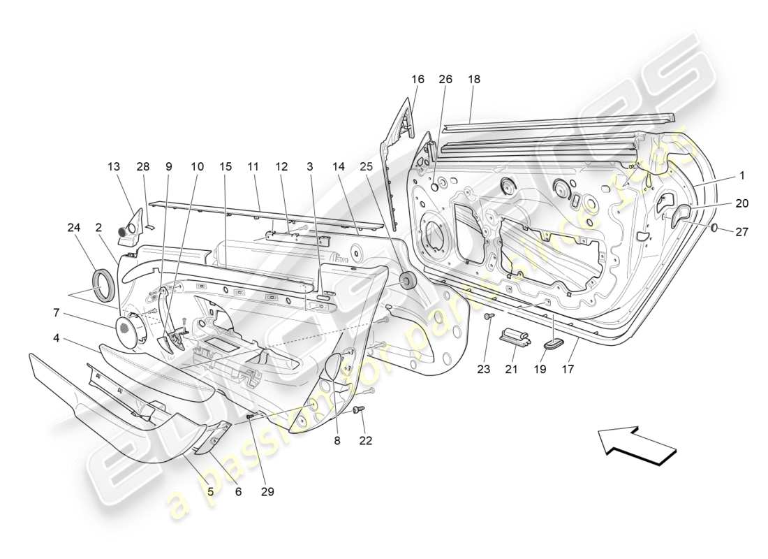 maserati granturismo (2014) front doors: trim panels part diagram