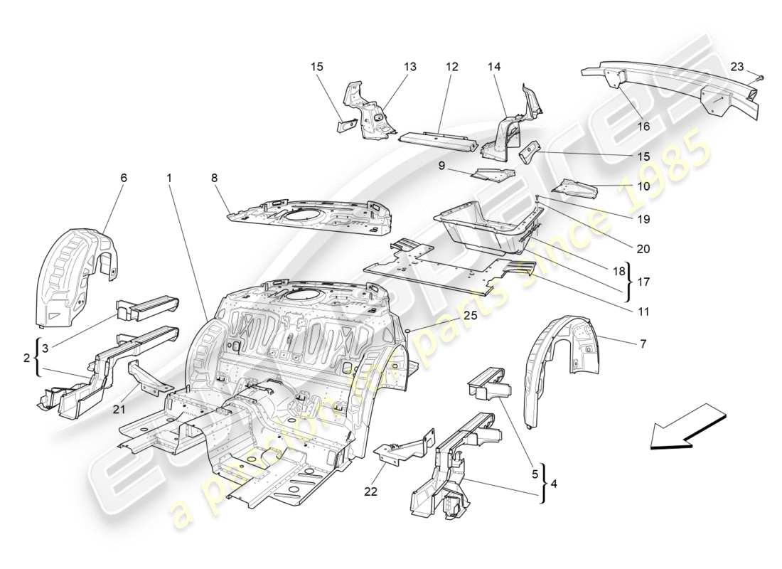 maserati granturismo (2010) rear structural frames and sheet panels parts diagram