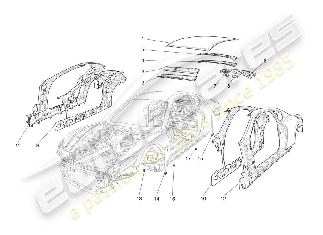 maserati granturismo (2016) bodywork and central outer trim panels part diagram