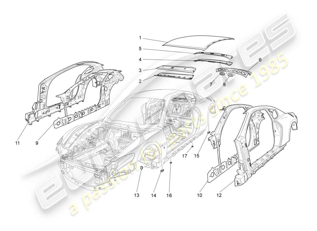 maserati granturismo (2010) bodywork and central outer trim panels parts diagram