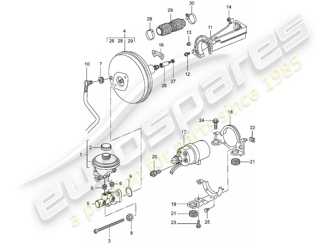 porsche 2004 (996 turbo / gt2) brake master cylinder - brake booster - clutch pump part diagram