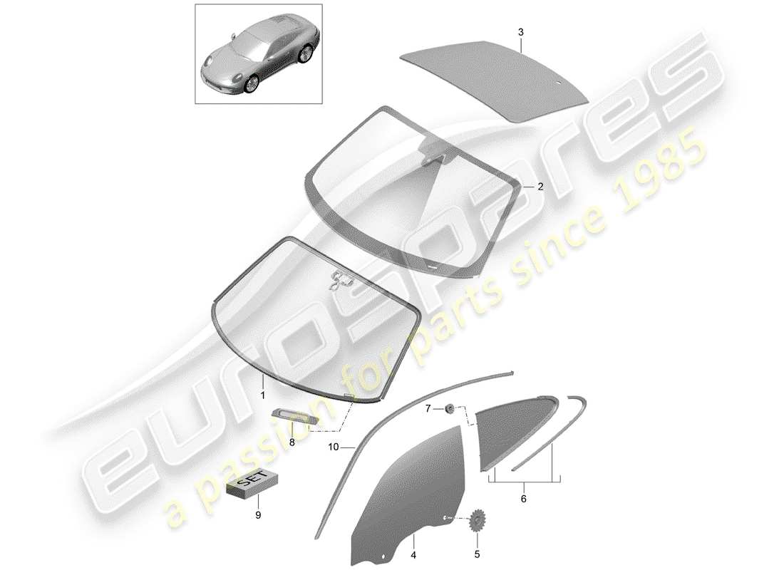 porsche 2014 (991-1) window glazing part diagram