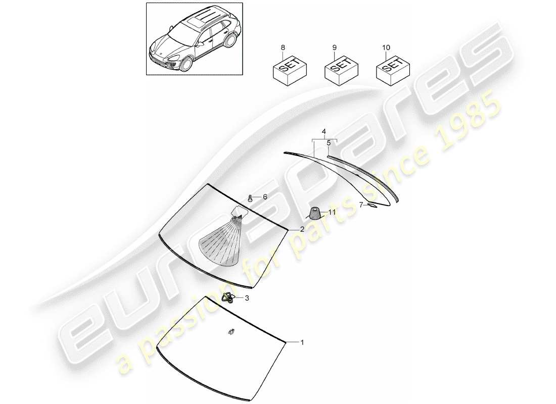 porsche 2011 (cayenne e2 92a) window glasses part diagram