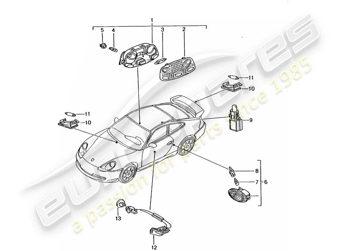 porsche 2004 (996 gt3) interior light - luggage compartment lamp - engine compartment light - glove box light - door handle ilumination - interior release part diagram