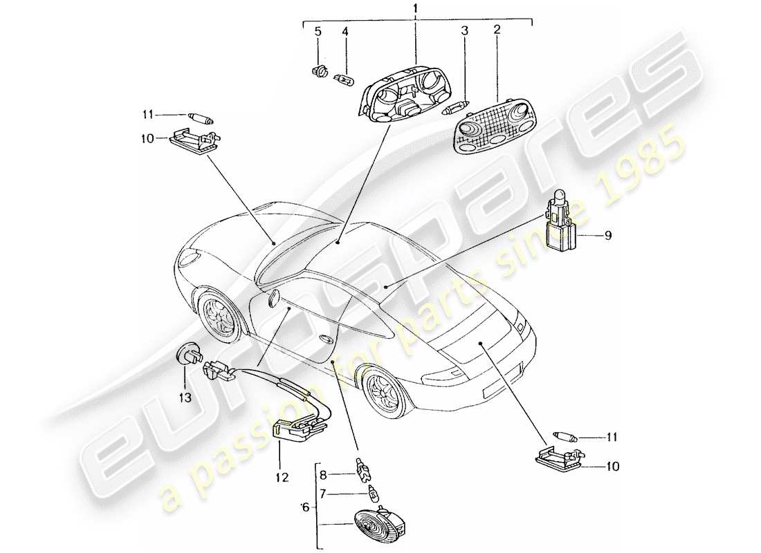 porsche 2001 (996) interior lighting - luggage compartment lamp - engine compartment light - glove box light - footwell light - interior release part diagram