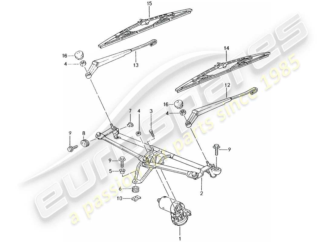 porsche 2005 (996 gt3) windscreen wiper system part diagram