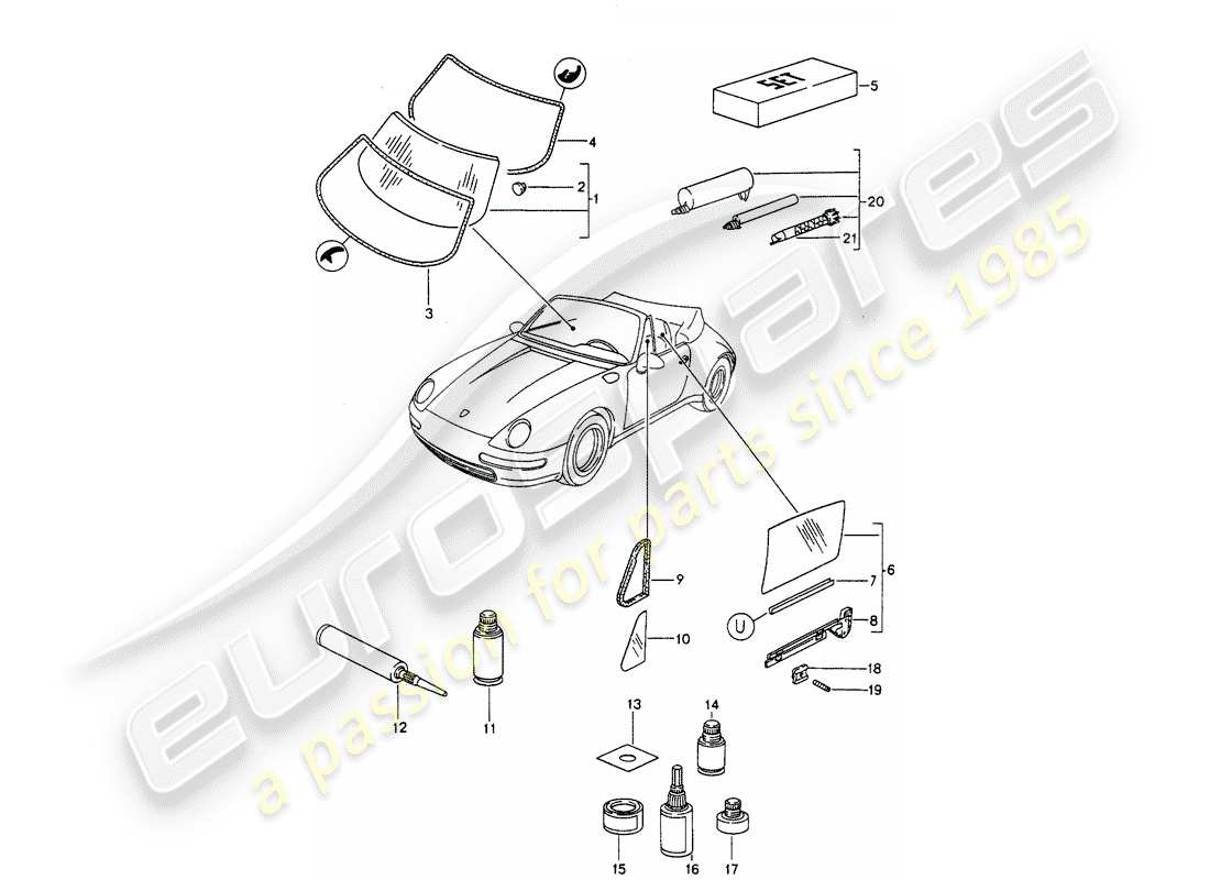 porsche 1998 (993) window glazing parts diagram