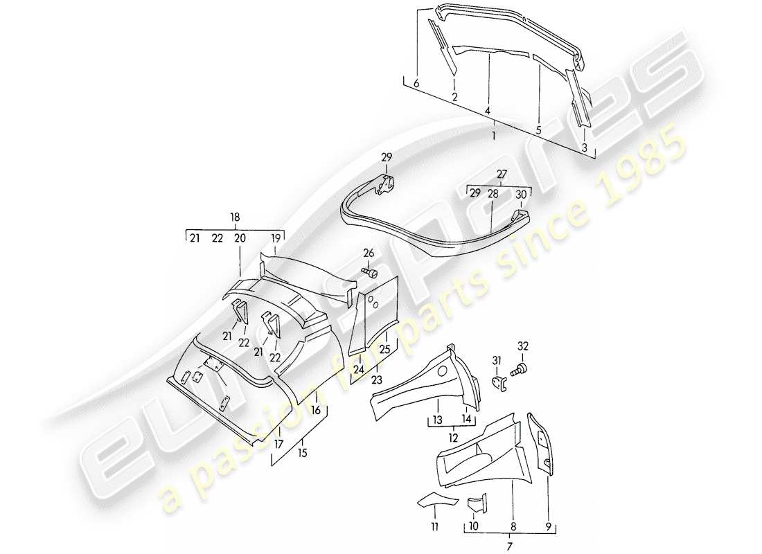 porsche 1955 (356/356a) body shell - interior panelling part diagram