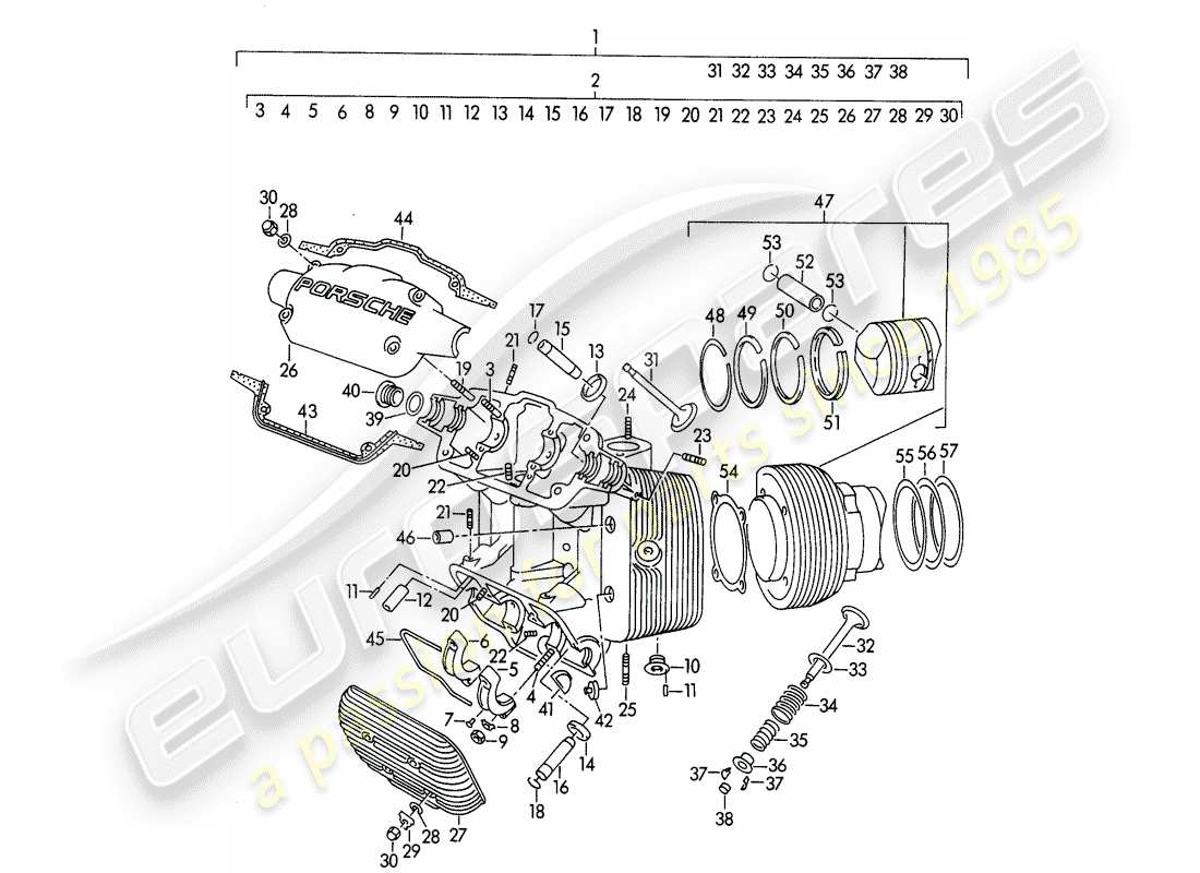 porsche 356/356a (1952) cylinder head - cylinder with pistons - m 90 501 >> 91 000 part diagram