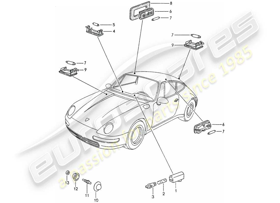 porsche 1997 (993) interior lights - luggage compartment lamp - engine compartment light part diagram