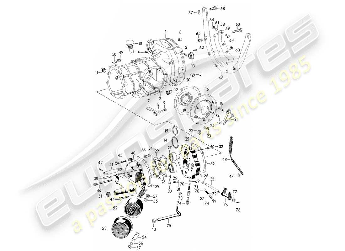 porsche 1955 (356/356a) transmission case - with: - transmission suspension - for - tunnel transmission part diagram