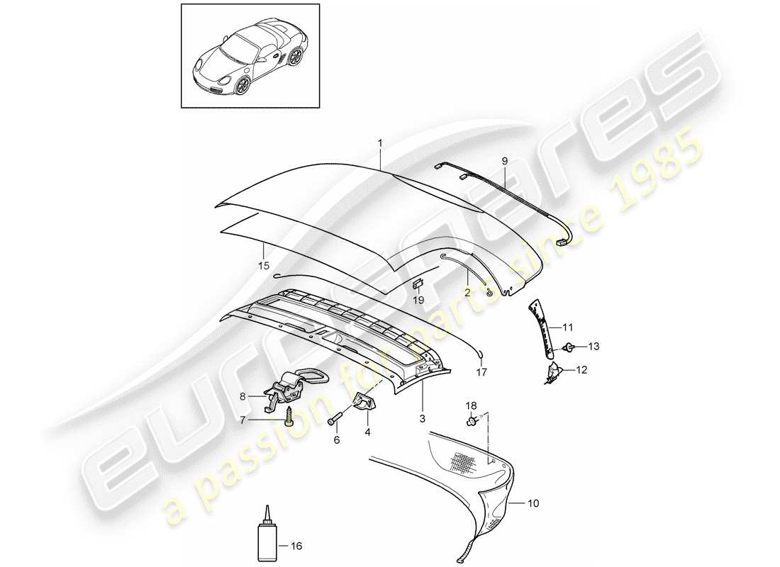 porsche boxster 987 (2012) convertible top covering part diagram