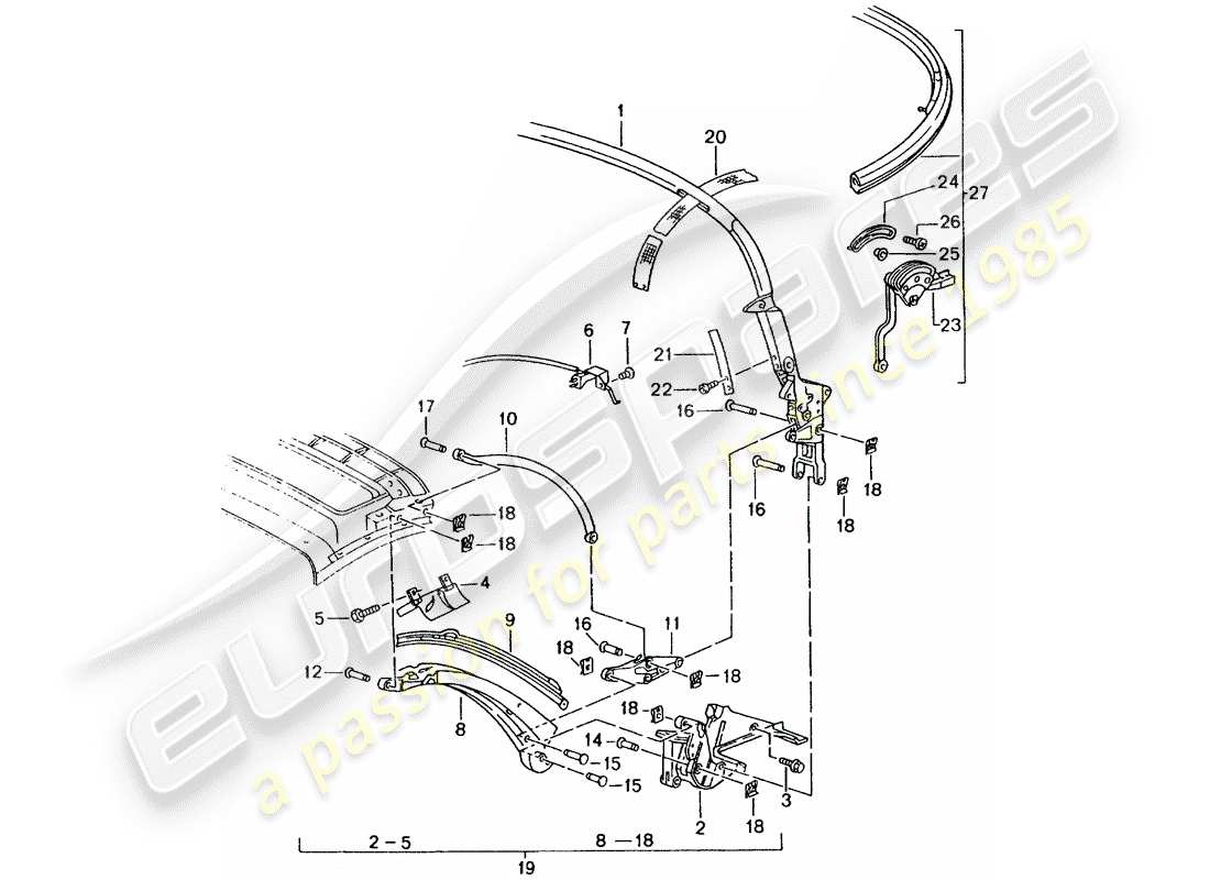 porsche boxster 986 (2001) top frame - single parts parts diagram