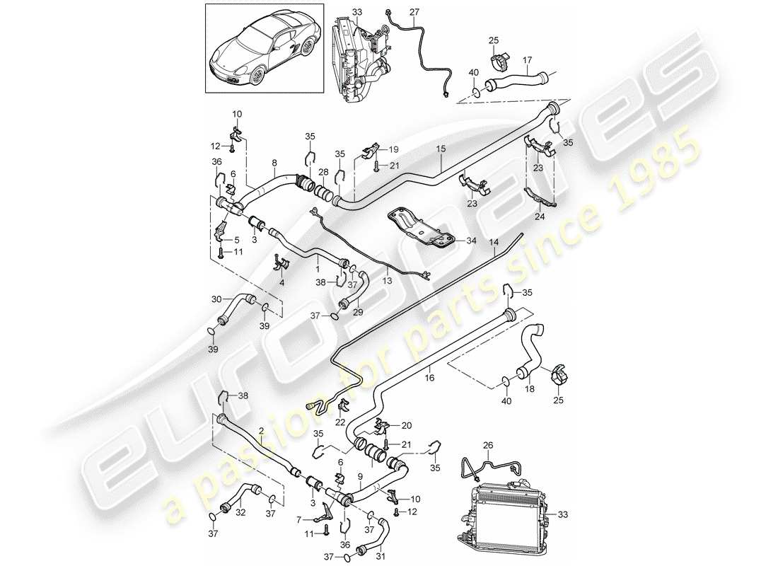 porsche 2007 (987 cayman) water cooling 2 part diagram