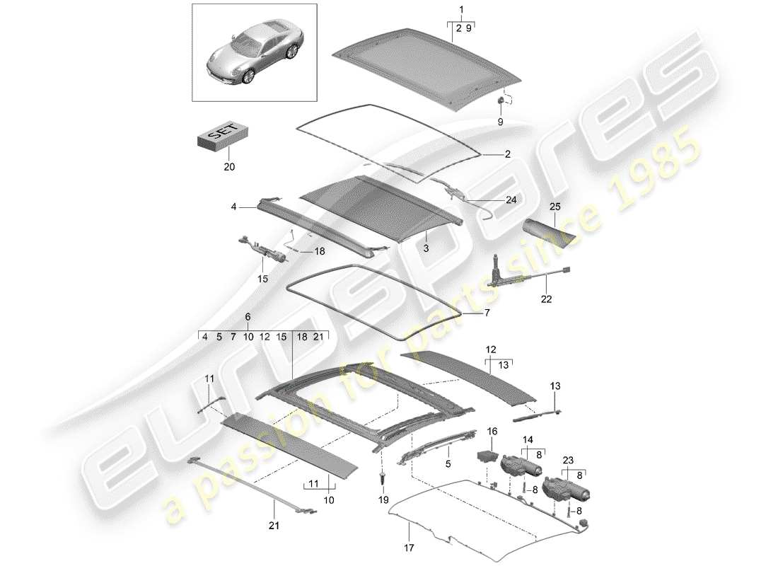 porsche 2012 (991-1) glass roof part diagram