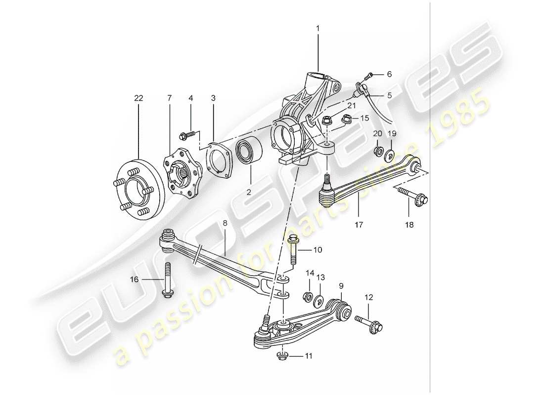 porsche 2002 (986 boxster) rear axle - wheel carrier - upper link - wheel hub part diagram