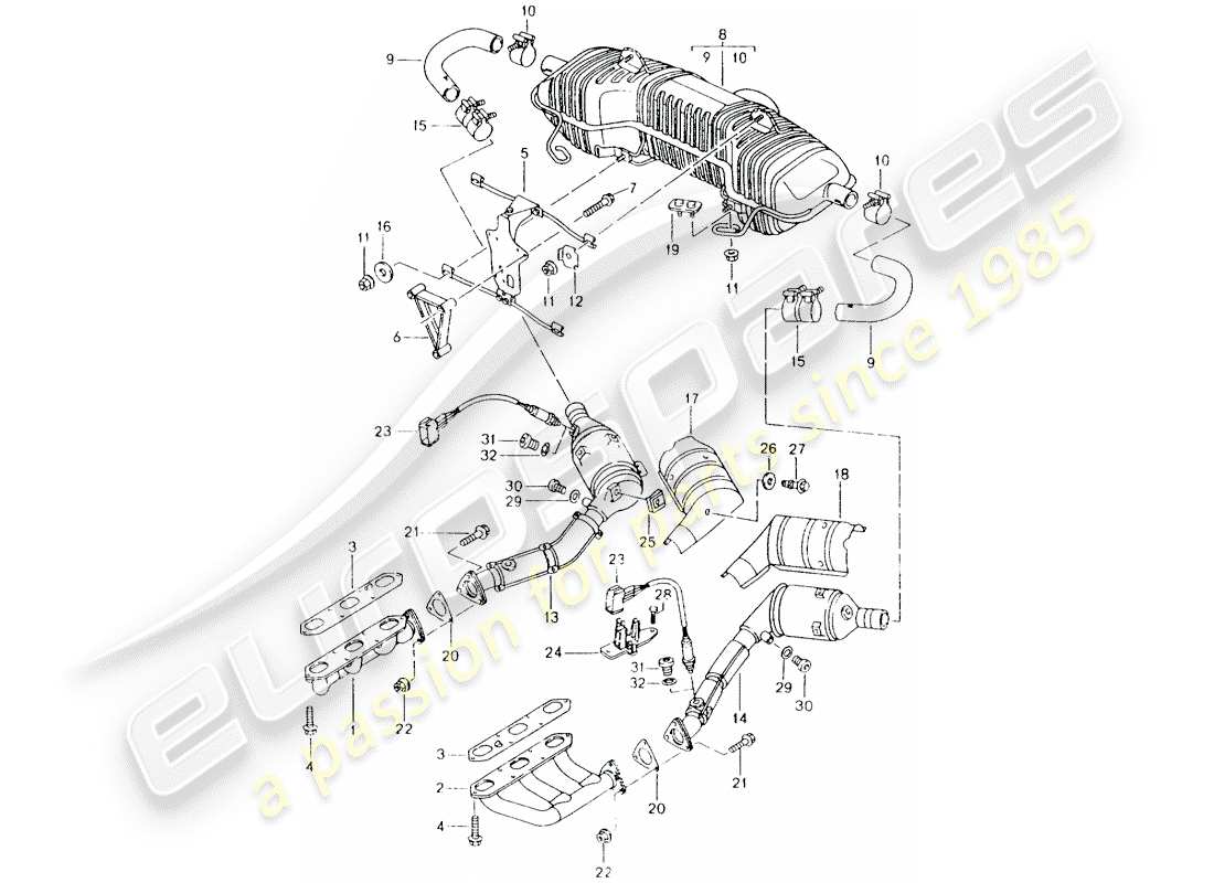 porsche boxster 986 (1997) exhaust system - m 96.20 part diagram