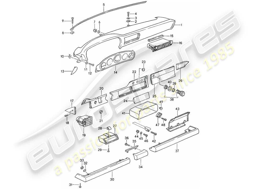 porsche 1996 (993) dashboard - knee pad trim - for cars without - airbag - (passenger side) part diagram