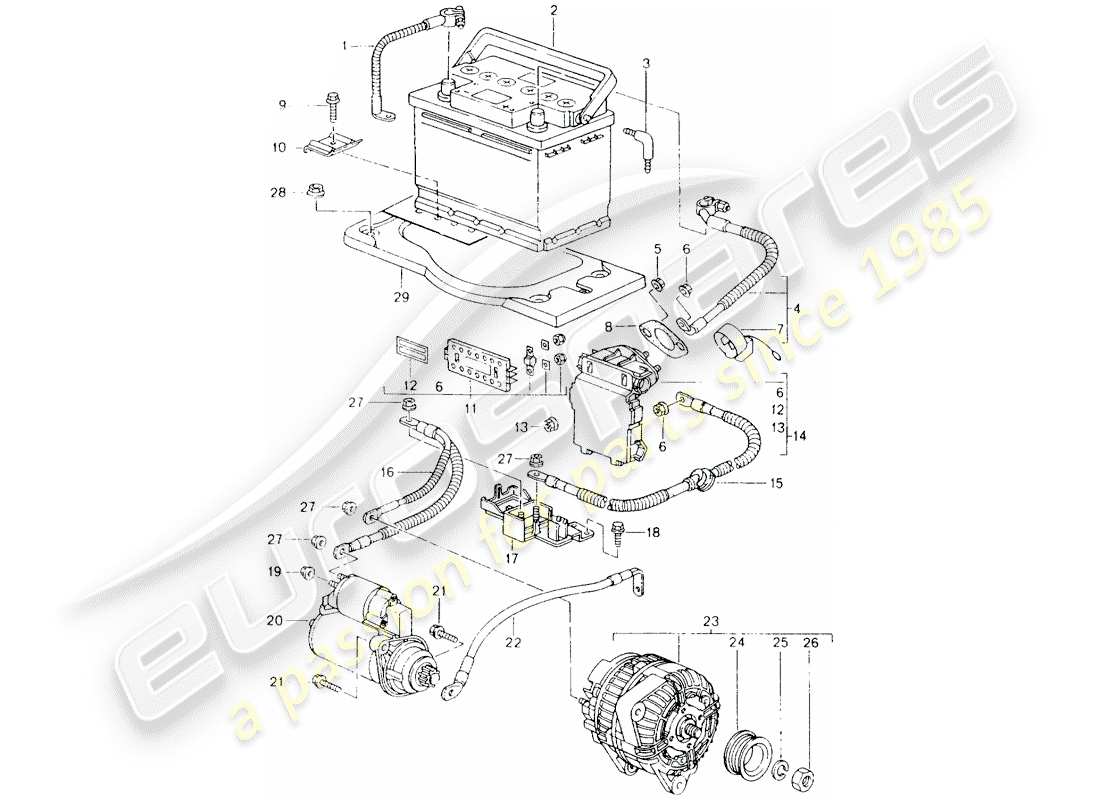 porsche 2004 (986 boxster) battery - central extraction - starter - alternator part diagram