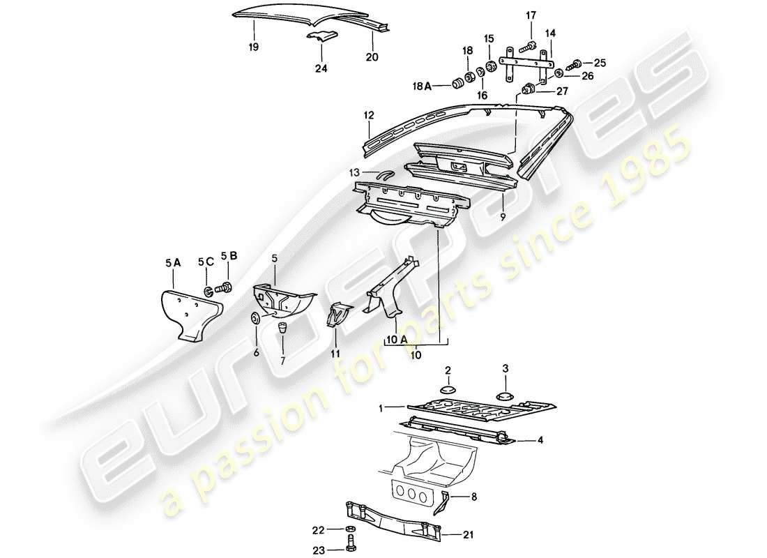 porsche 1977 (924) transmission carrier - luggage compartment floor - roof part diagram