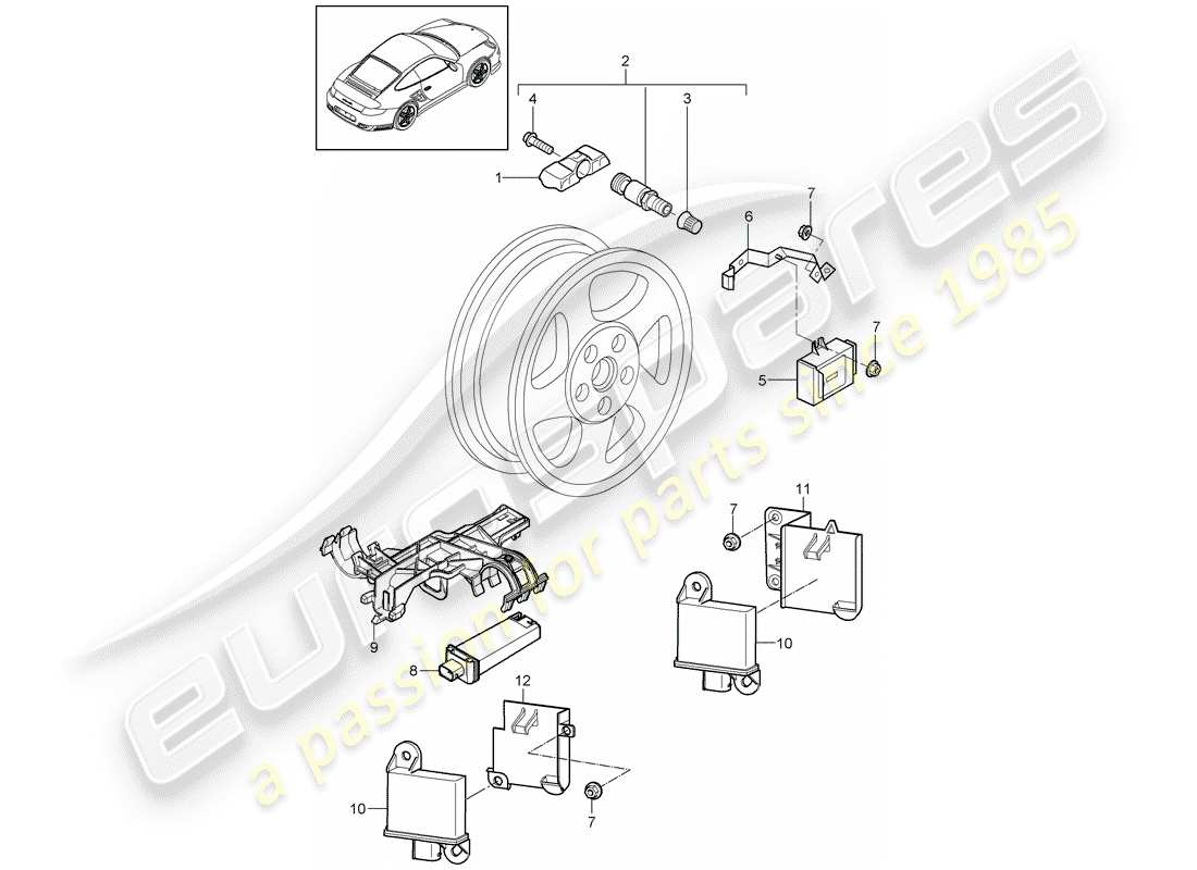 porsche 911 t/gt2rs (2011) tire pressure control system parts diagram
