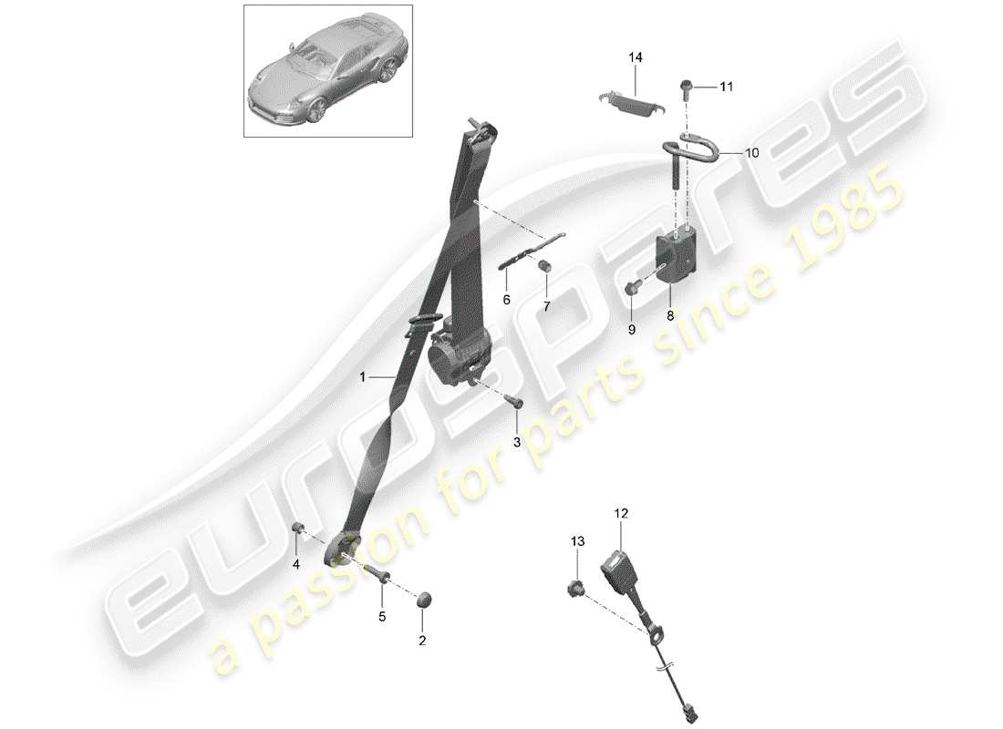 porsche 991 t/gt2rs three-point seat belt parts diagram