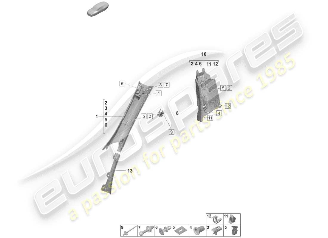 porsche 2019 (992-1) lining, pillar a part diagram