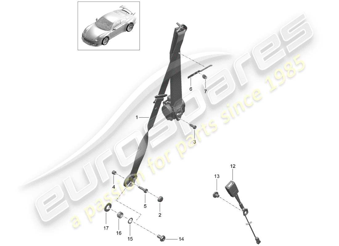 porsche 2019 (991-2 r/gt3/rs) three-point seat belt part diagram