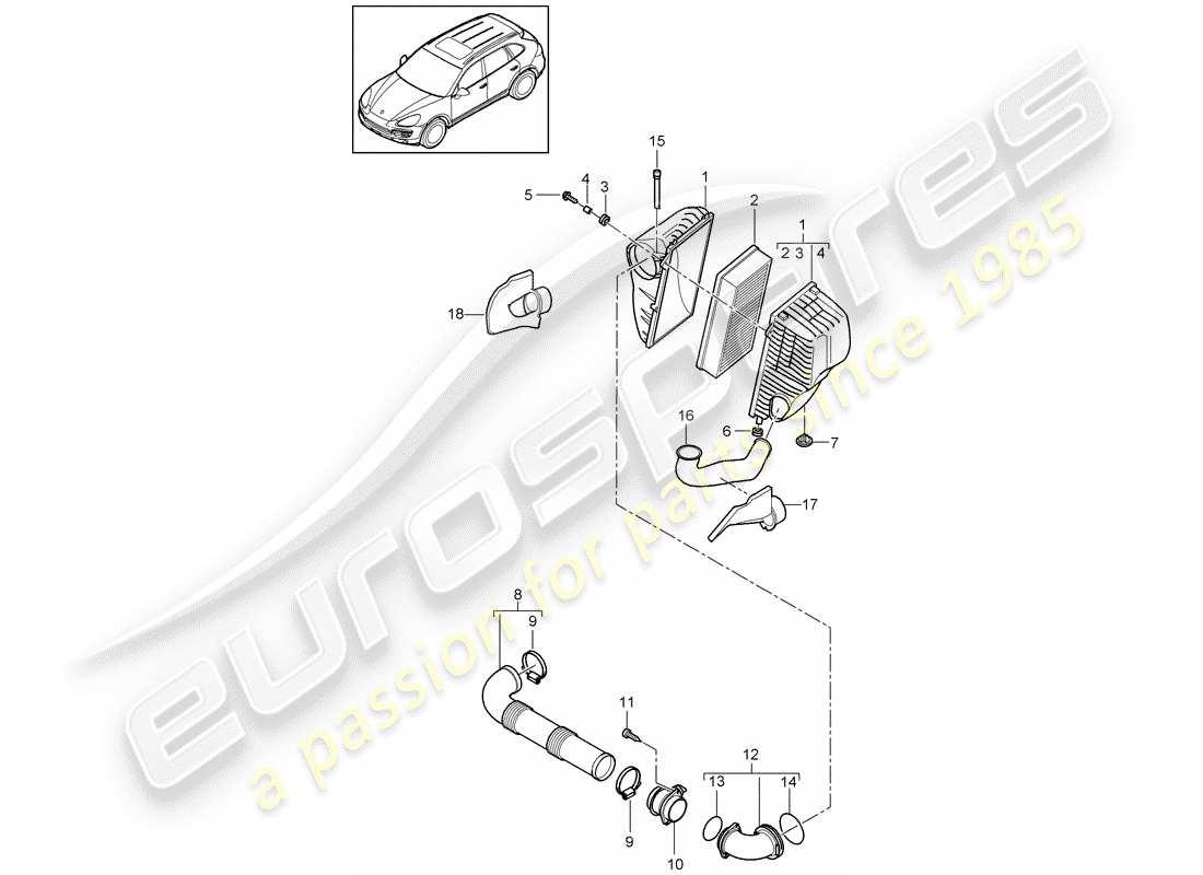 porsche cayenne e2 (2013) air cleaner with connecting part diagram
