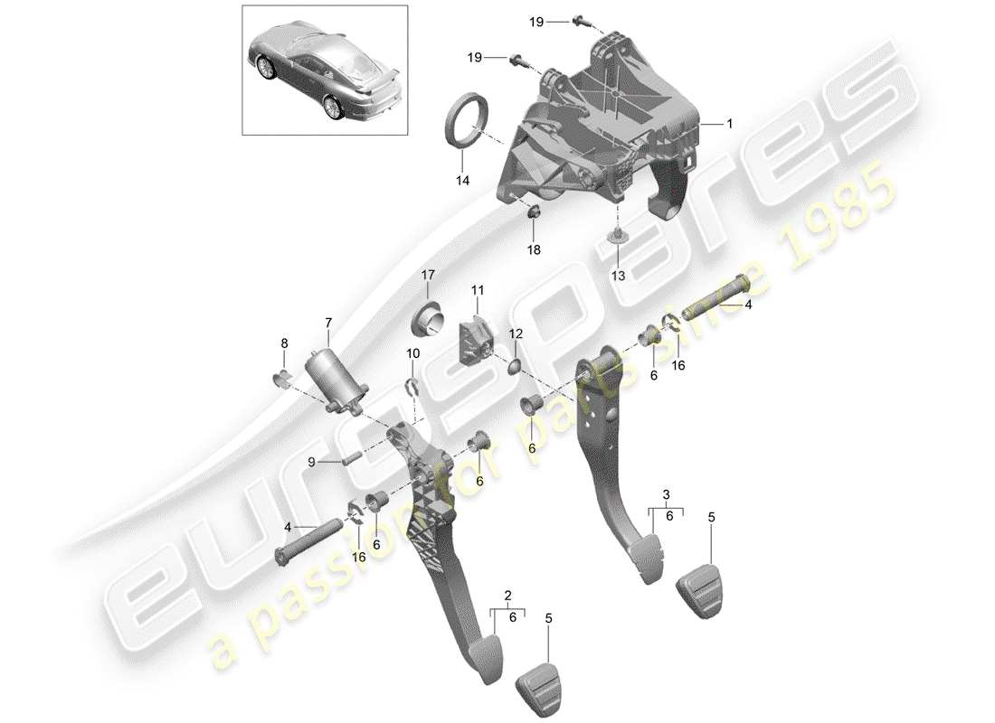 porsche 2019 (991-2 r/gt3/rs) brake and acc. pedal assembly part diagram