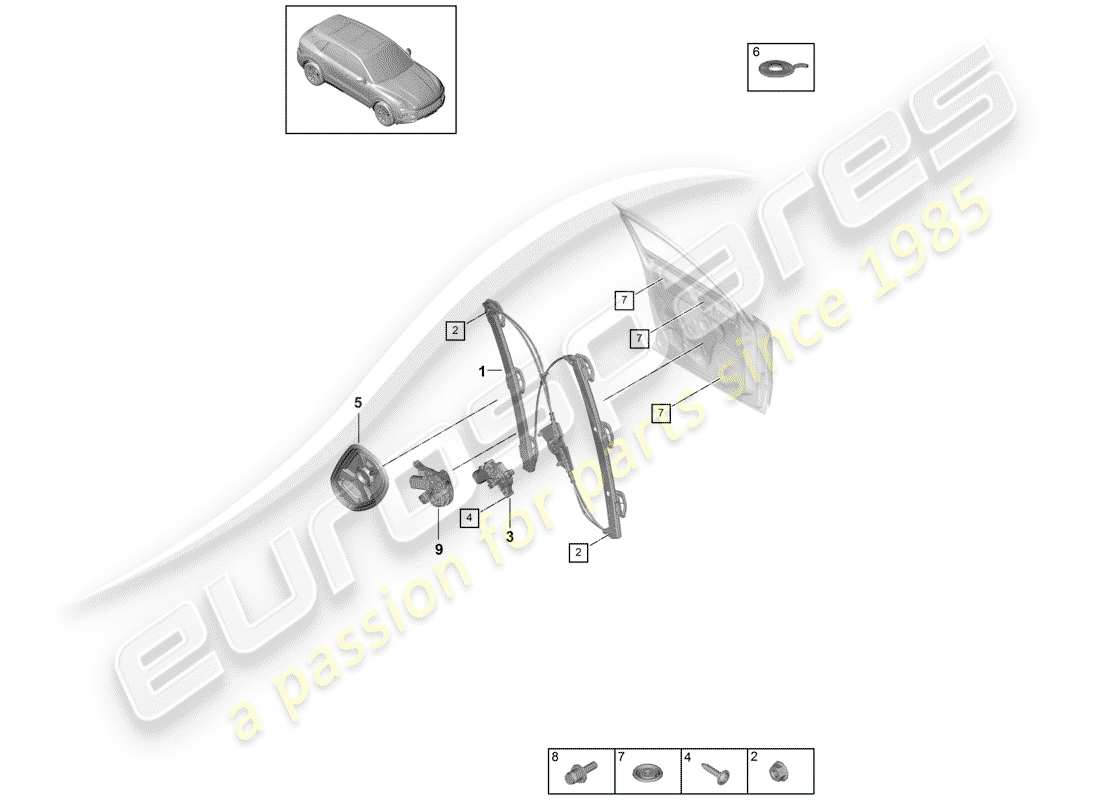porsche 2018 (cayenne e3 9ya/9yb) window regulator part diagram