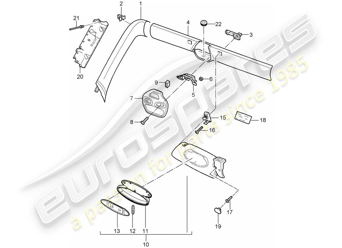 porsche 2002 (996) windshield frame - windshield frame - sun vizors - sun vizors part diagram