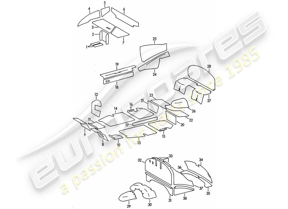 porsche 1961 (356b/356c) body shell - damping mat part diagram