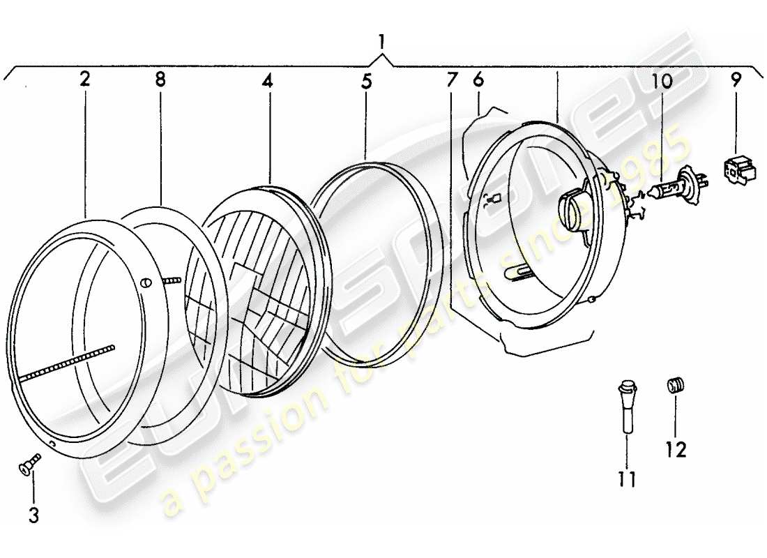 porsche 1971 (911) headlamp - h 4 - d - mj 1972>> part diagram
