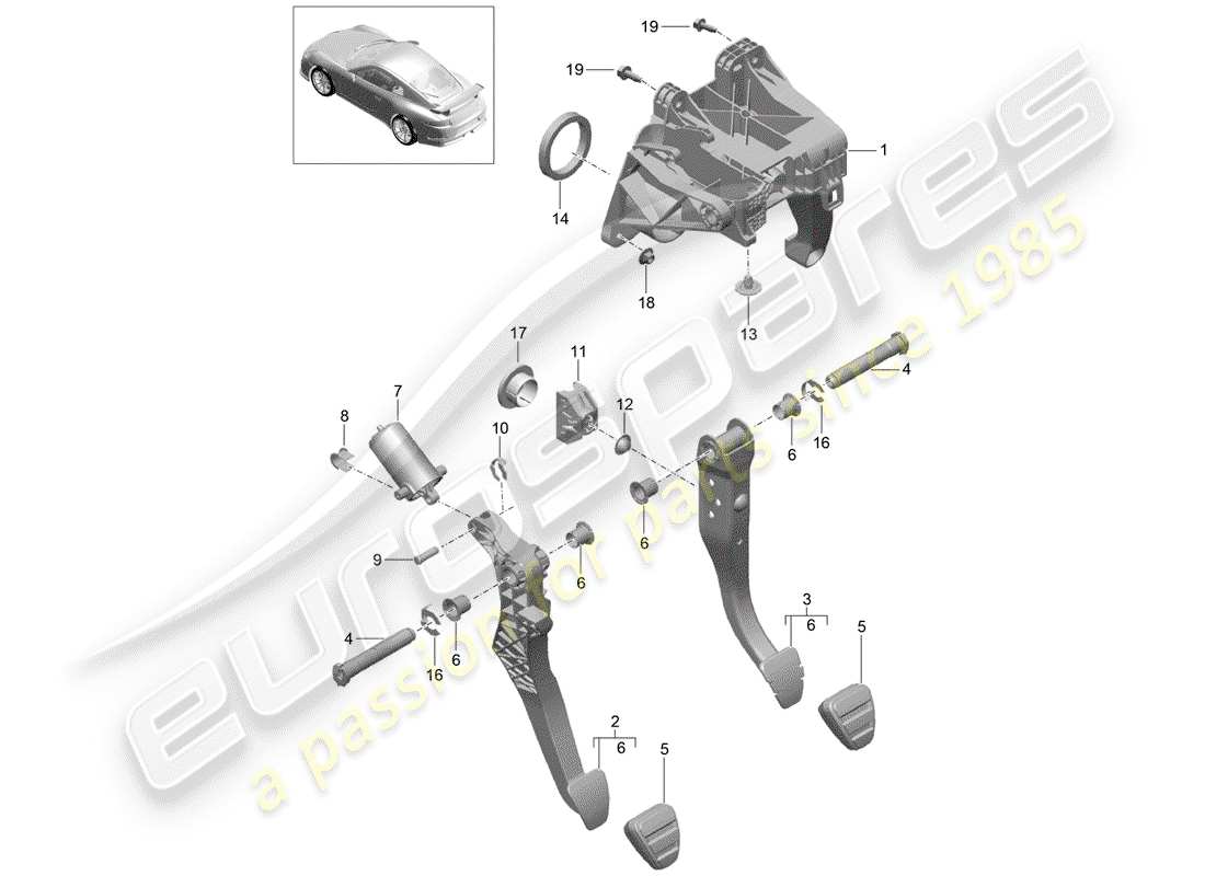 porsche 991r/gt3/rs (2014) brake and acc. pedal assembly parts diagram