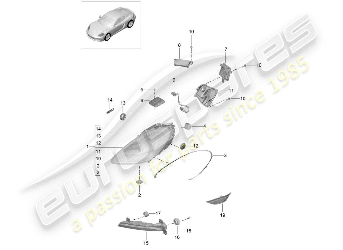 porsche 2017 (718 cayman) headlamp part diagram