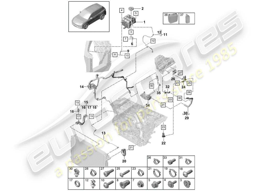 porsche 2020 (cayenne e3 9ya/9yb) water cooling part diagram