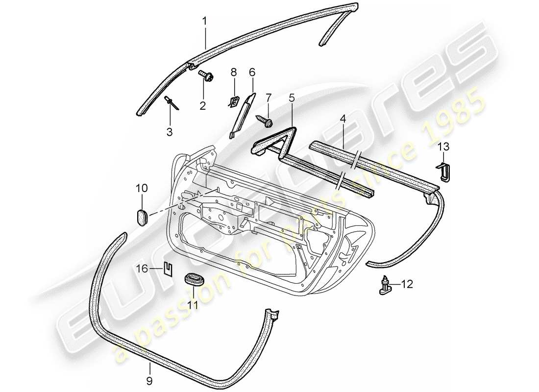 porsche 2004 (996) door seal - gasket - windshield frame part diagram