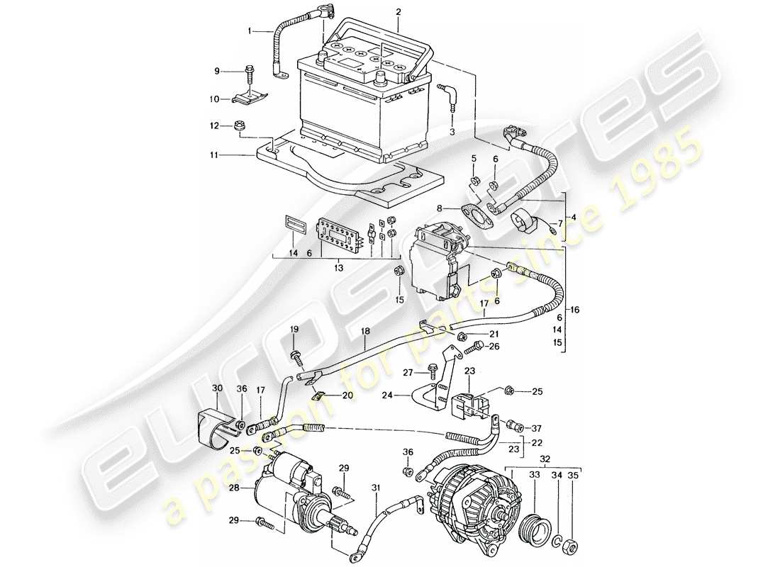 porsche 996 gt3 (2001) battery - junction box - starter - alternator - main battery switch parts diagram