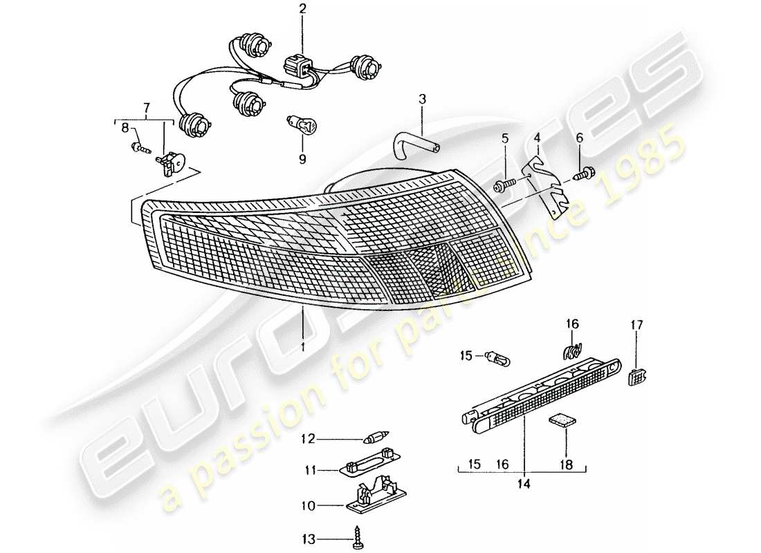 porsche 2005 (996) rear light - license plate light - additional brake light part diagram