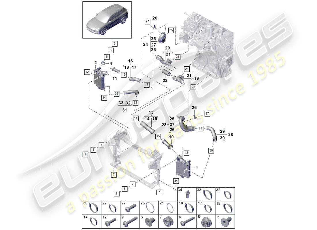 porsche 2019 (cayenne e3 9ya/9yb) charge air cooler part diagram